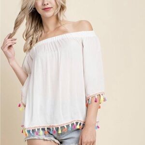 Off-Shoulder White Top with Colorful Tassels